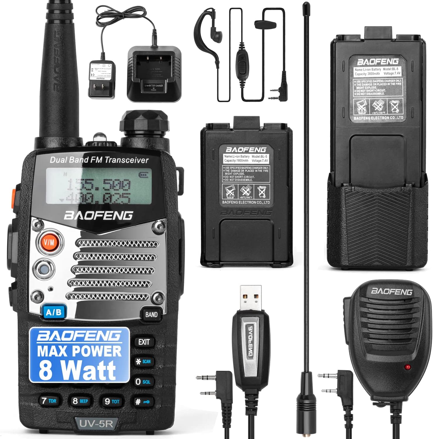 BaoFeng UV-5R Pro Ham Radio with 2 Rechargeable Battery, Dual-Band 2-Way Radio Handheld Walkie Talkies with Earpiece and Programming Cable (2 Pack)