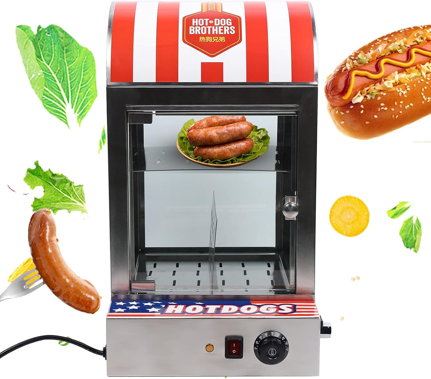 Hot Dog Steamer Machine, 110V 1500W 30-110℃/86-230℉ 2-Tier Commercial Top Load Hot Dog Hut Steamer