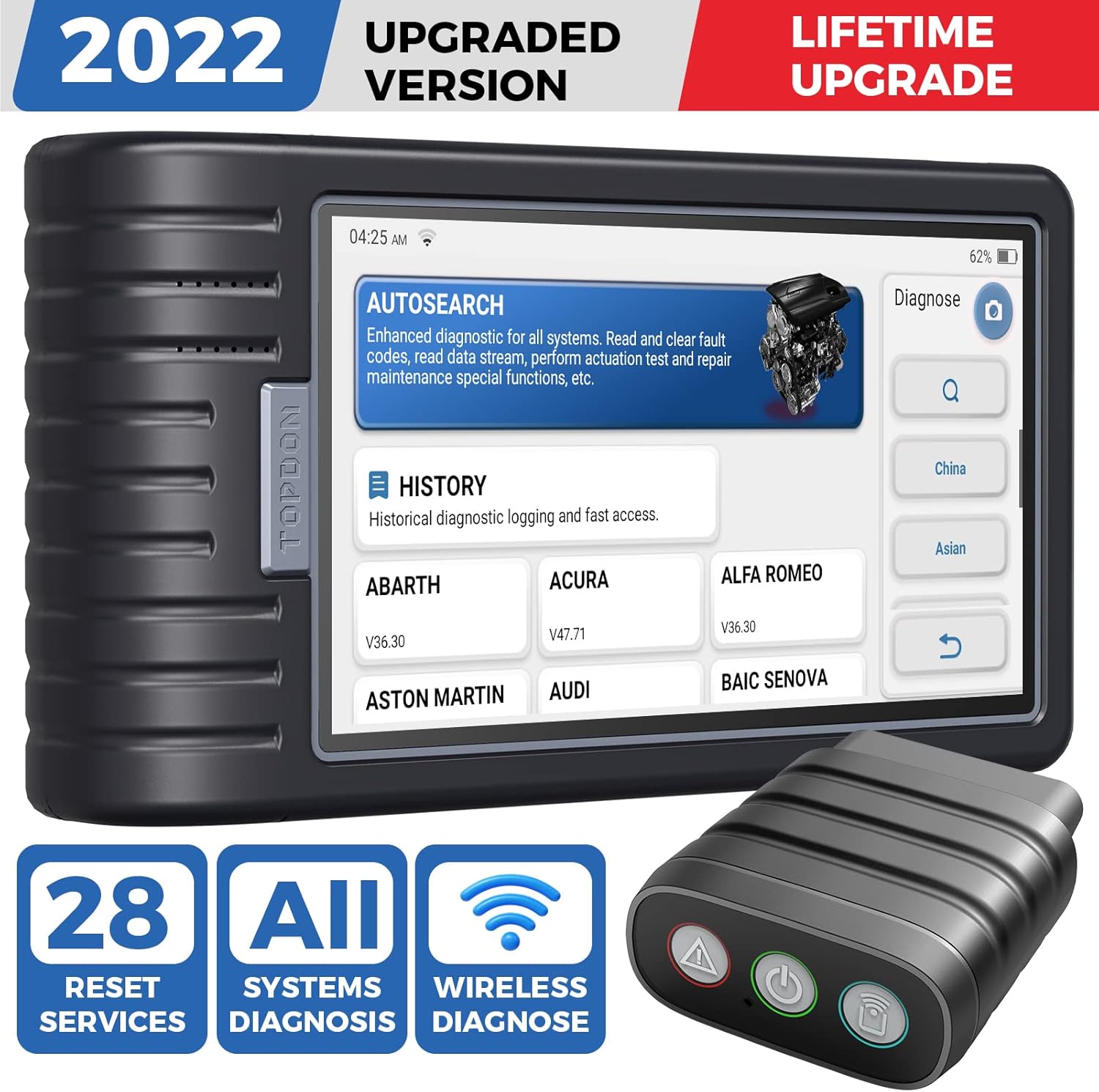 OBD2 Scanner TOPDON Diagnostic Tool AD800BT, All System Access, 28 Reset Maintenance Service, AutoVIN, AutoScan