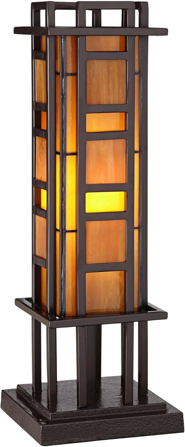 Robert Louis Tiffany Prairie Style Mission Rustic Pillar Accent Table Lamp Bronze Iron Column Hand-Cut Amber Stained Art Glass for Living Room