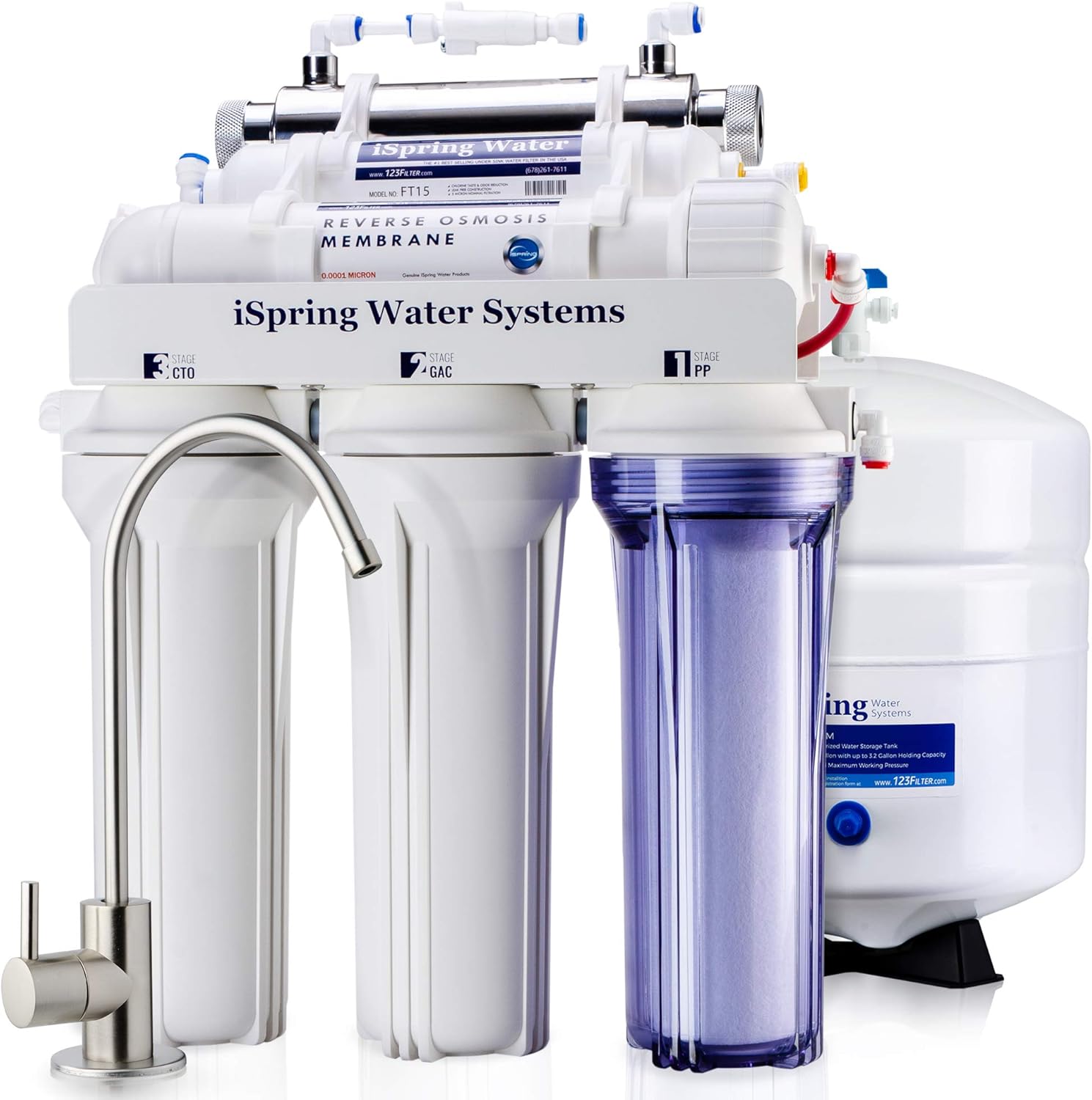 iSpring RCC7U 75GPD 6-Stage Under Sink Reverse Osmosis RO Drinking Water Filtration System and Ultimate Water Softener with UV Ultraviolet Light