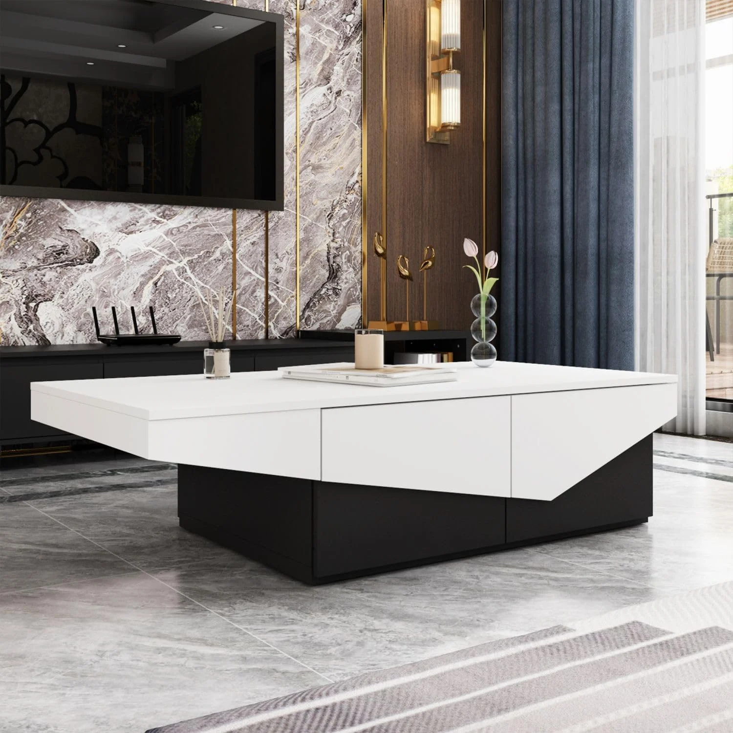 Modern Coffee Table with 4 Drawers, Central Table Living Room Coffee Table with Storage, White and Black Wood Coffee Table
