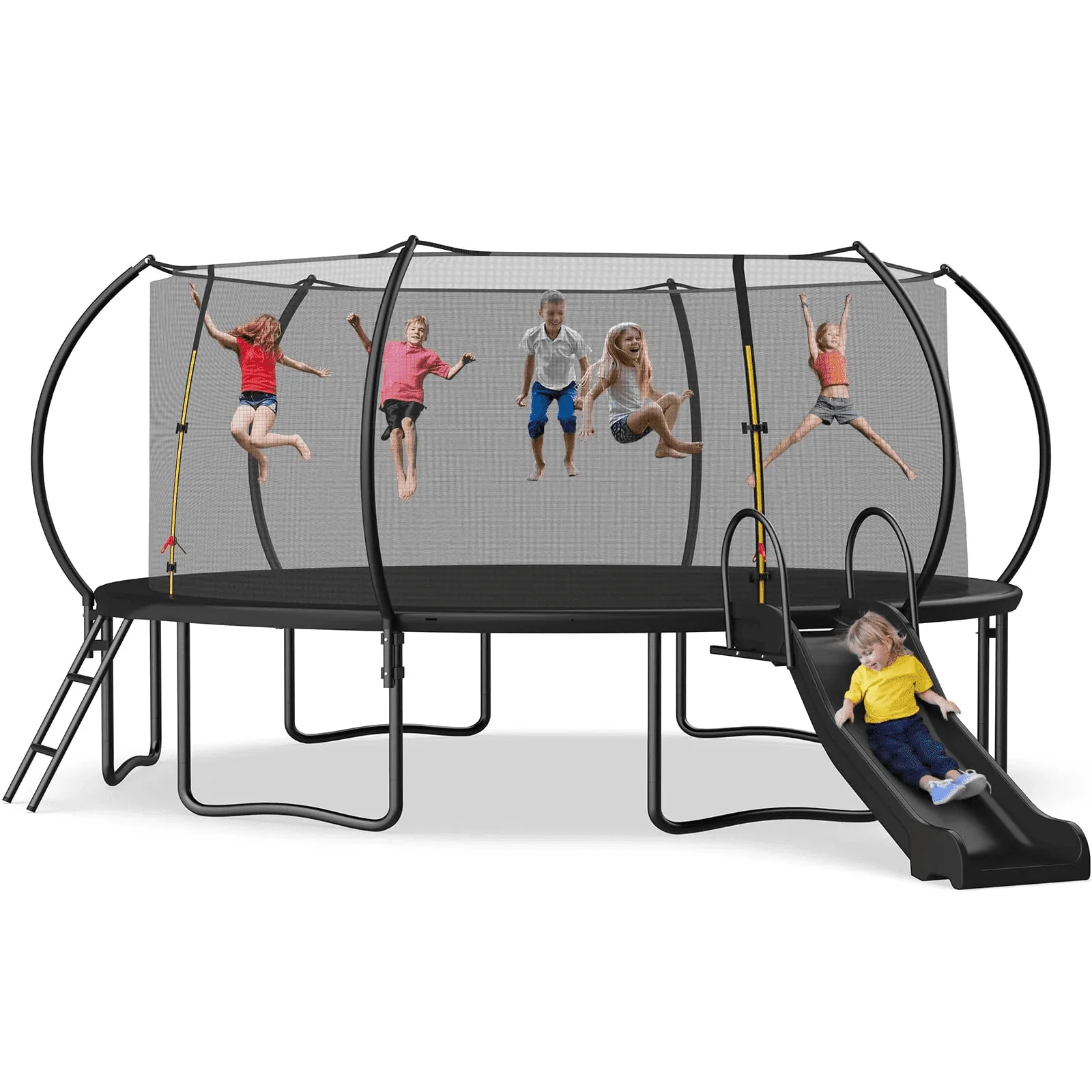 Soges 12FT Trampoline with Slide for Kids and Adults Outdoor Trampoline with Ladder and Safety Enclosure Net Pumpkin Trampoline with Curved Poles