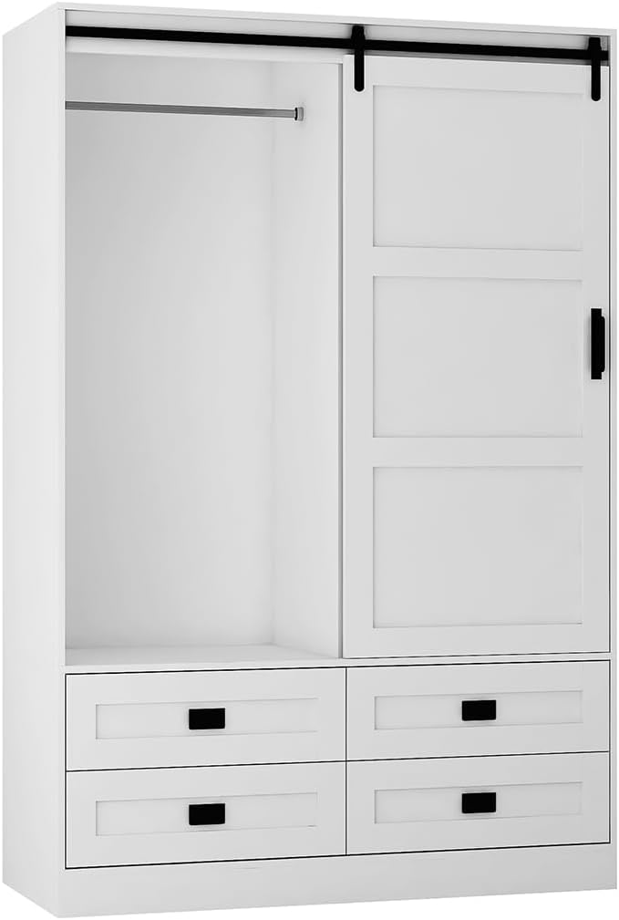 Solid Wood Armoire Wardrobe Closet, Large Wardrobe Cabinet with Sliding Barn Door, 4 Drawers, 3 Adjustable Shelves & Hanging Rod