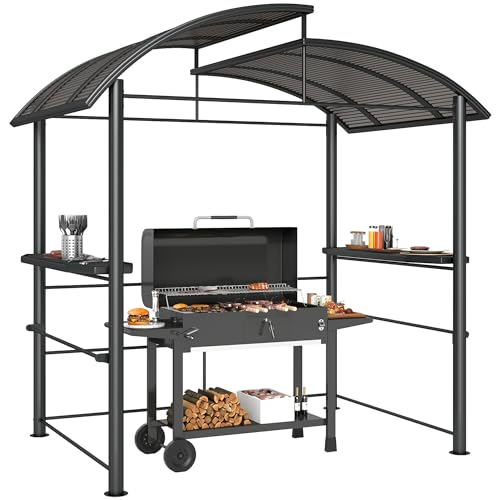 Outsunny 8' x 5' Grill Gazebo Shelter with Interlaced Vented Polycarbonate Roof, Outdoor BBQ Canopy with Side Shelves