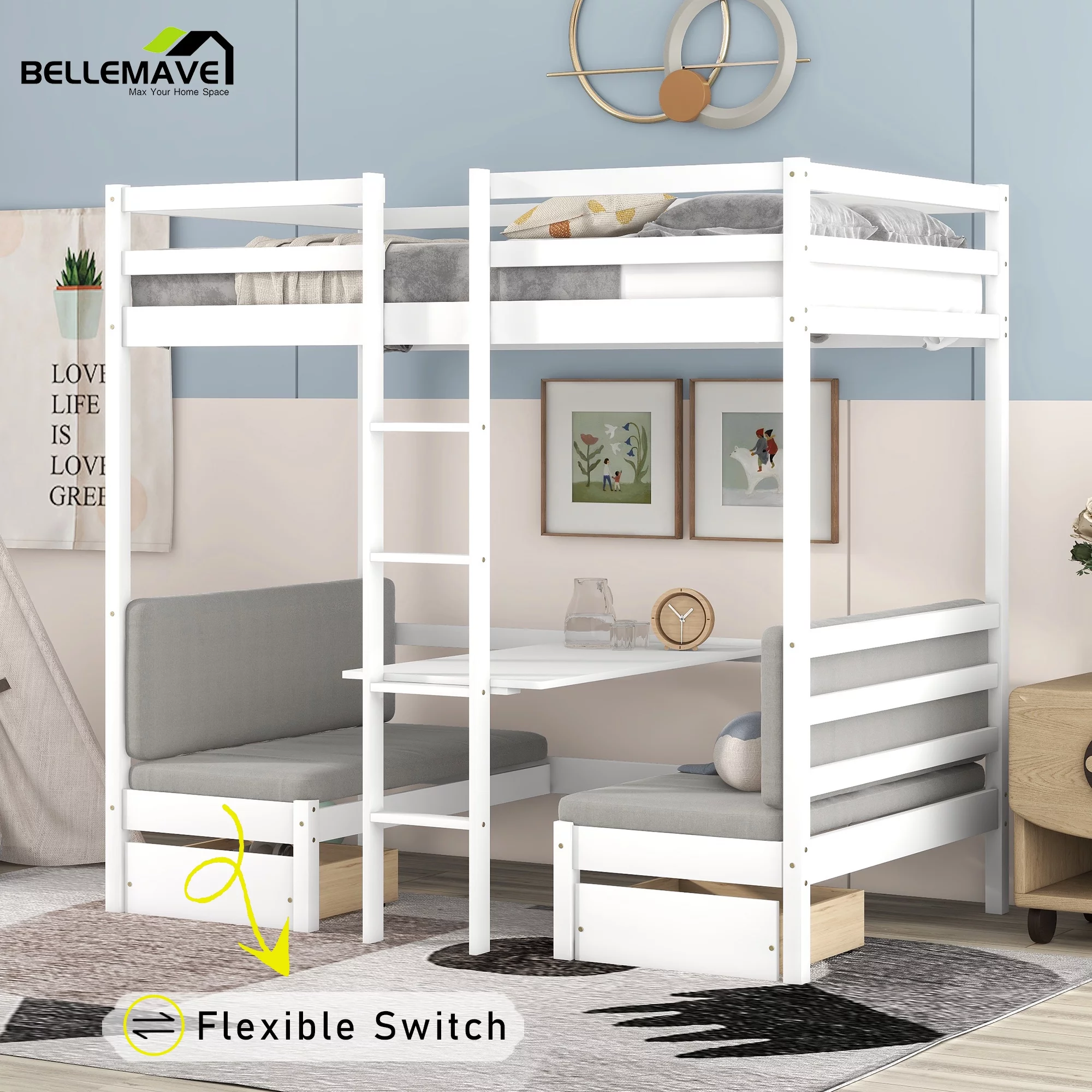 Bellemave Twin Size Loft Bed with Desk, Seat and Two Storage Drawer, Convertible Loft Bed Can be Turned Into Twin over Twin Bunk Bed for Kids, Teens