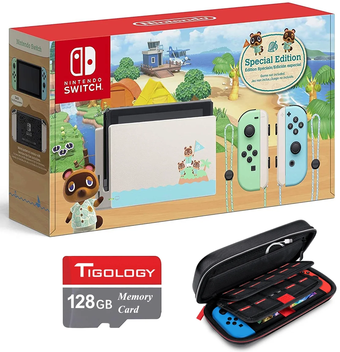 Nintendo Switch Animal Crossing New Horizons Edition 32GB Console with Tigology 128GB Memory Card with Adapter and Tigology PU Travel Case with 31