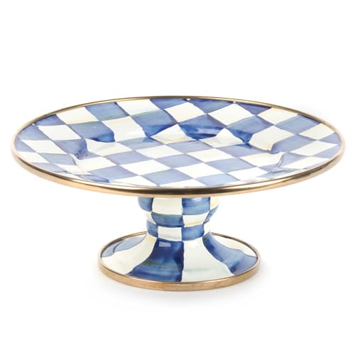 MACKENZIE-CHILDS Enamel Pedestal Platter, Round Cake Stand, Small, Blue-and-White Royal Check