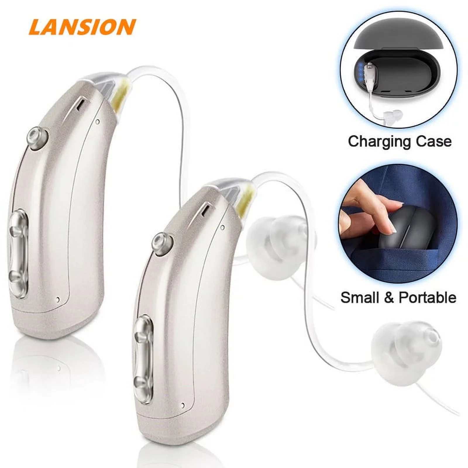 Lansion Personal Sound Amplifiers for Senior with Noise Cancelling, Rechargeable Mini Personal Sound Amplifiers TV Earbuds with Portable Charging Box