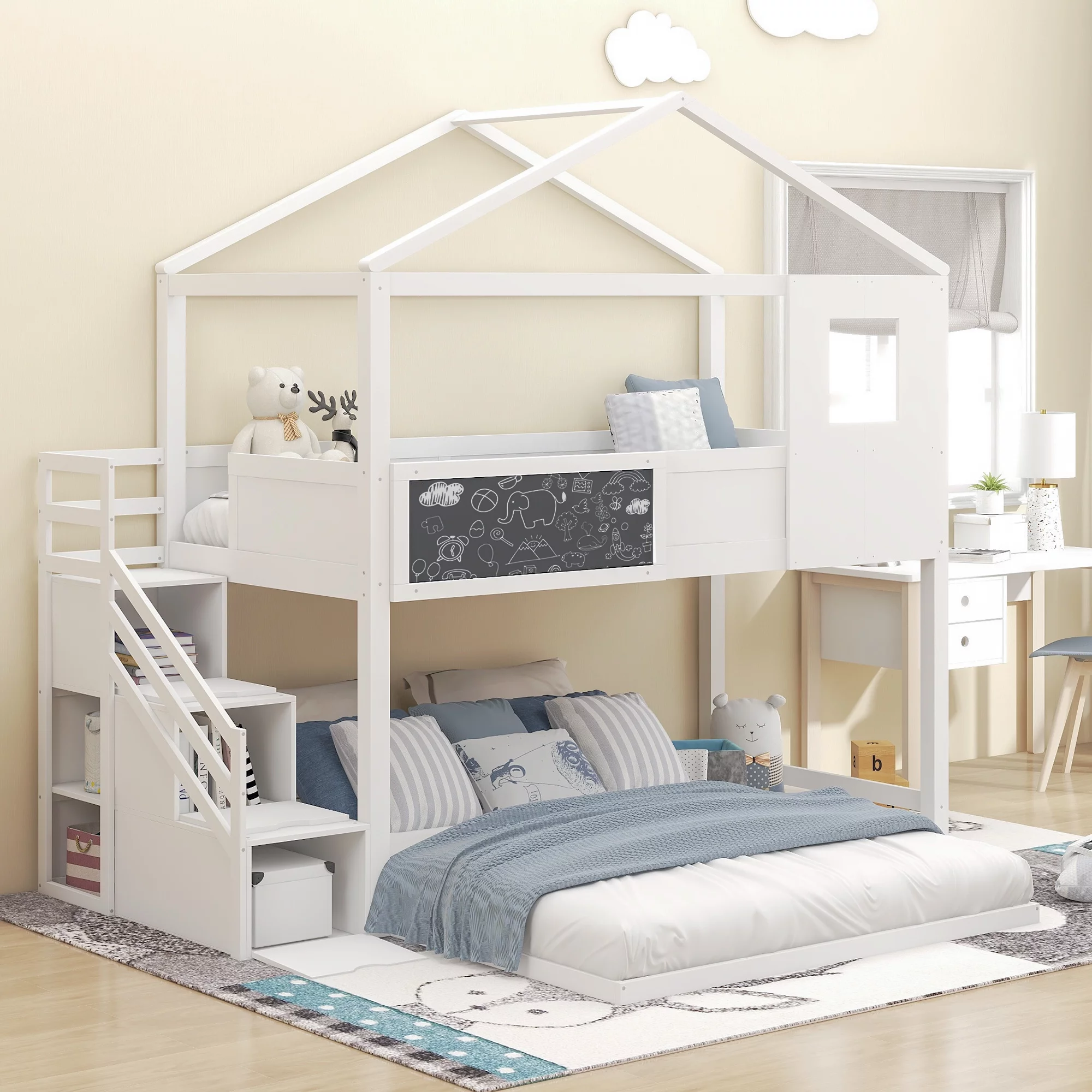 SYNGAR House Bunk Beds for Kids, Solid Wood Twin over Full Bunk Bed with Storage Staircase and Blackboard