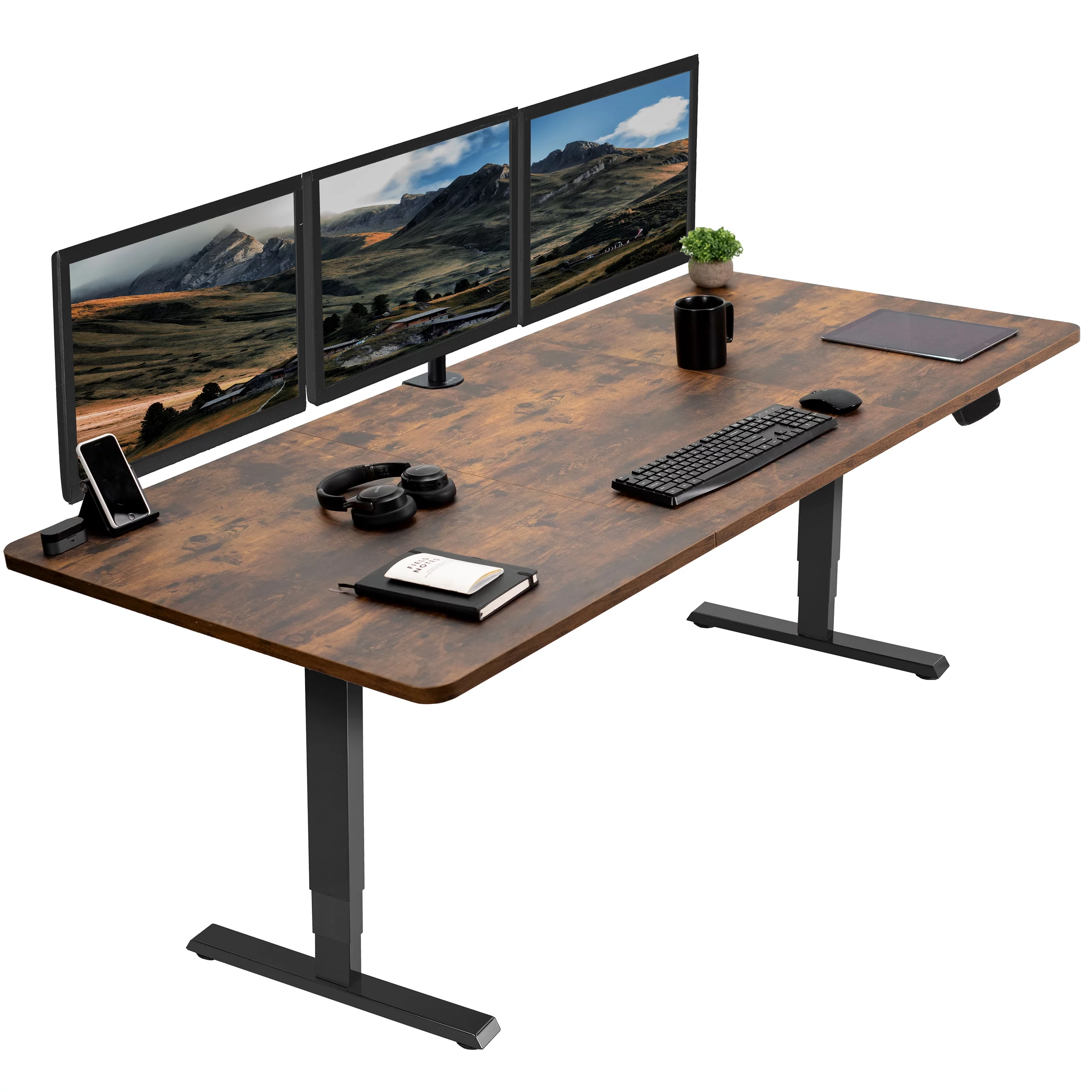VIVO Electric 71&rdquo;x36&rdquo; Stand Up Desk, Rustic Vintage Brown Table Top, Black Frame