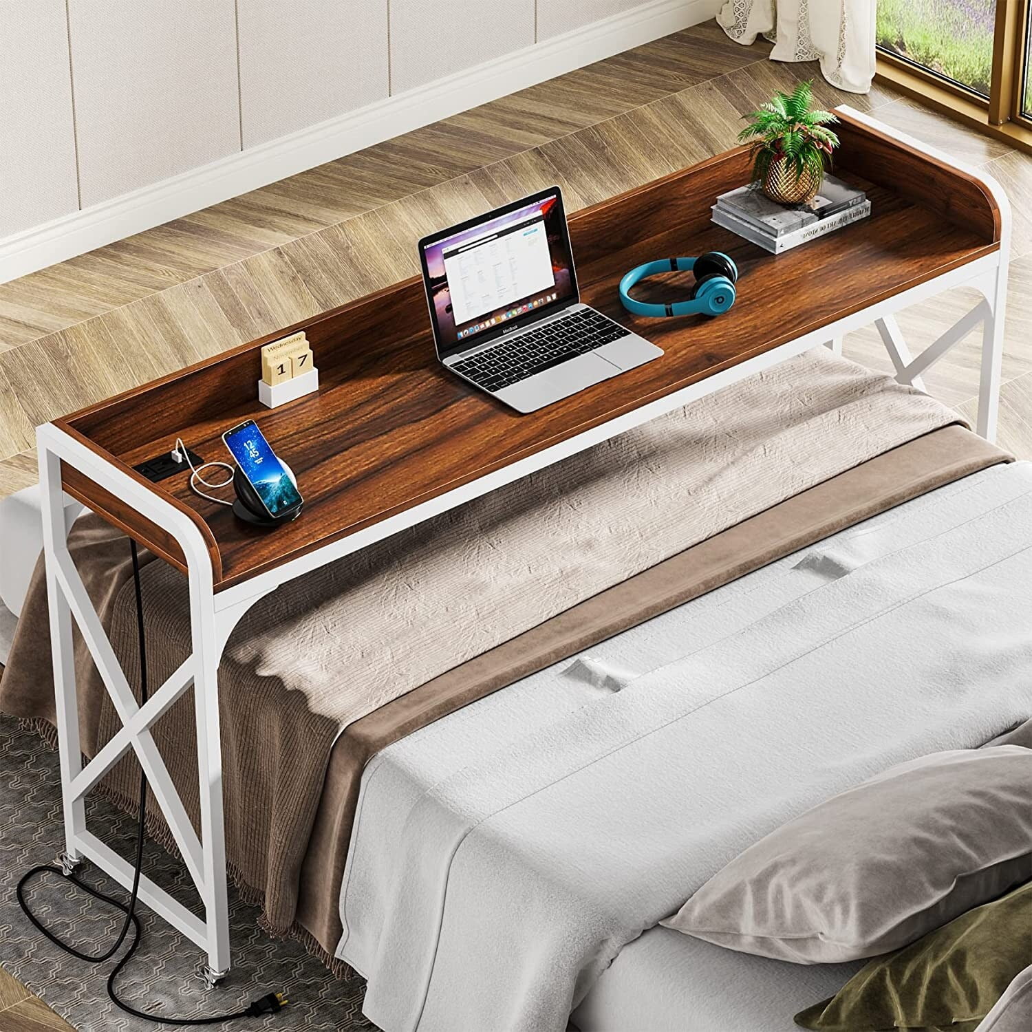 Over Bed Table with Wheels, 70.8 Inch Overbed Desk with Outlet & USB