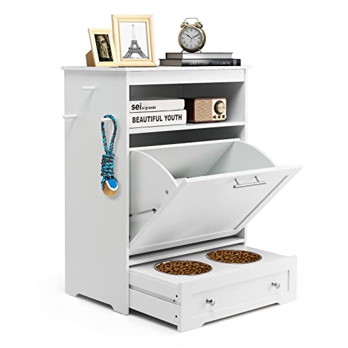 Dog Feeding Station Dog Food Storage Cabinet with 2 Raised Dog Bowls, Dog Food Storage Container