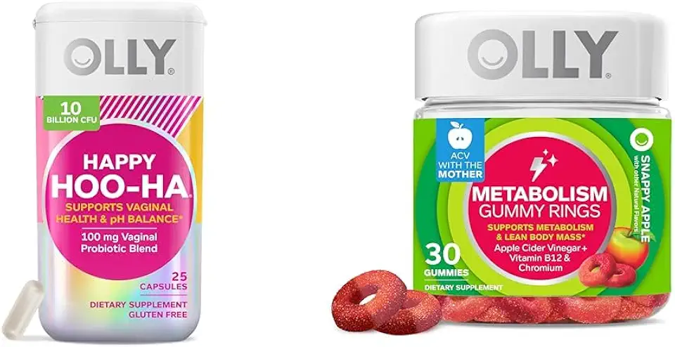 OLLY Happy Hoo-Ha Probiotic for Women Vaginal Health Capsules 25 Count & Metabolism Gummy Rings for Energy 30 Count - Kansas Nuitrition - HNZSDS