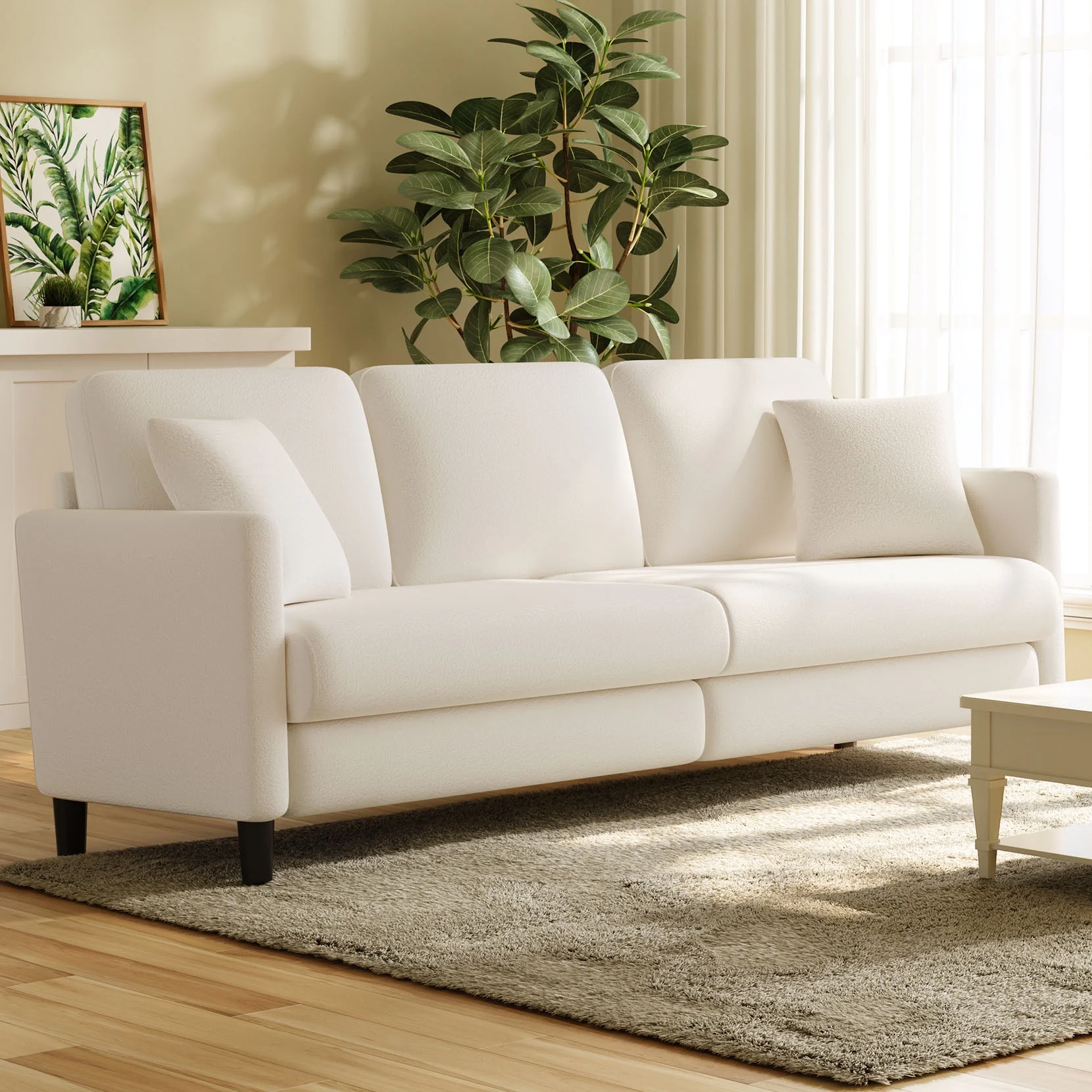 82.6" Velvet Sofa,3 Seater Upholstered Sofa with Extra Deep Seats,Soft Comfy Couch for living Room,2 Pillows,Off-White