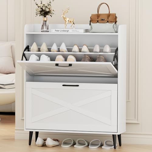 Shoe Storage Cabinet for Entryway with 2 Flip Doors, Hidden Shoe Storage Organizer with Metal Legs for Entryway, Closed Slim Shoe Rack Cabinet, White