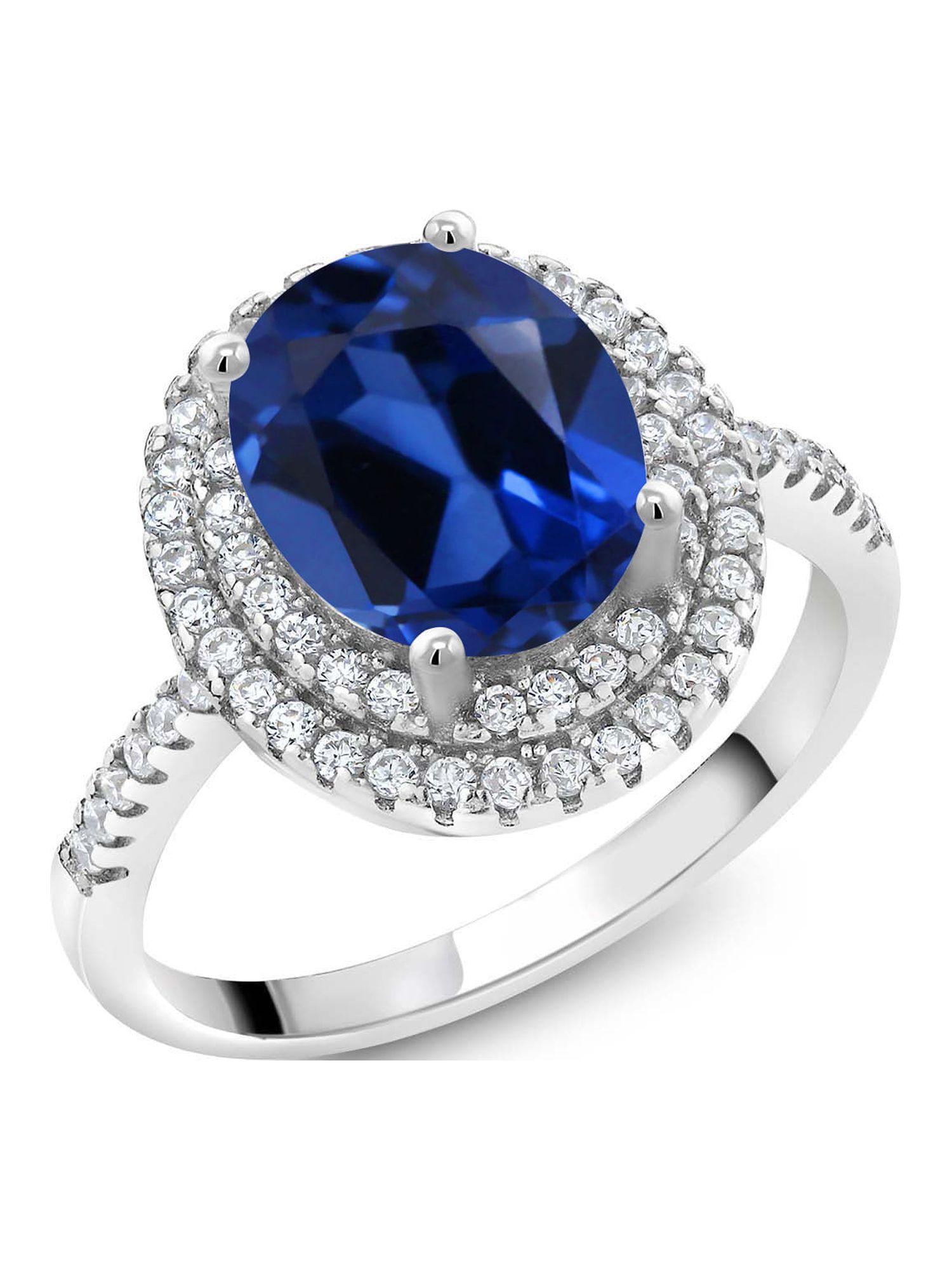 Gem Stone King 925 Sterling Silver Blue Created Sapphire and White Moissanite Women Halo Engagement Ring (2.73 Cttw, Oval 9X7MM, Available In Size 5