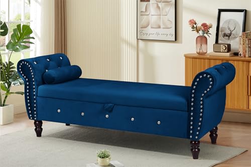 GERRIT 63" Velvet Upholstered Storage Ottoman Bench, Long Rolled Arm Bedroom End of Bed Bench with 1 Pillow
