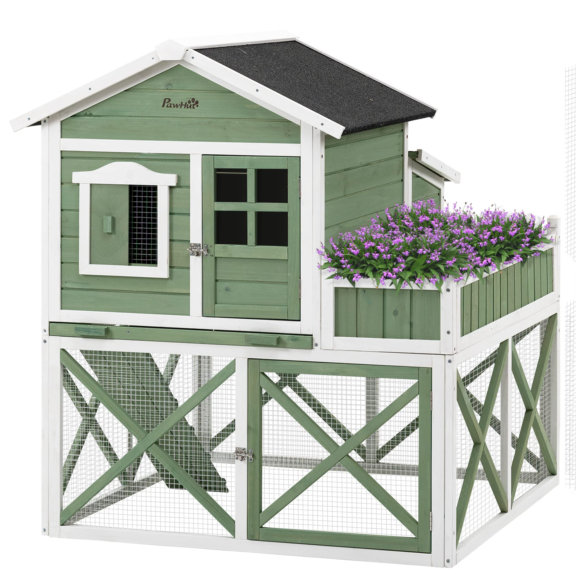 【Pet】44" Chicken Coop, Rabbit Hutch with Nesting Box, Removable Tray, Asphalt Roof, Planting & Lattice