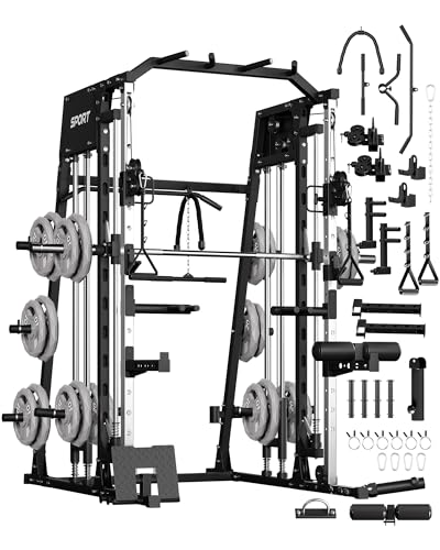 Smith Machine Home Gym All in One, 2200LBS Squat Rack Power Cage with Smith Bar, LAT Pull-Down, Cable Systems, Leg Hold-Down and More Attachments