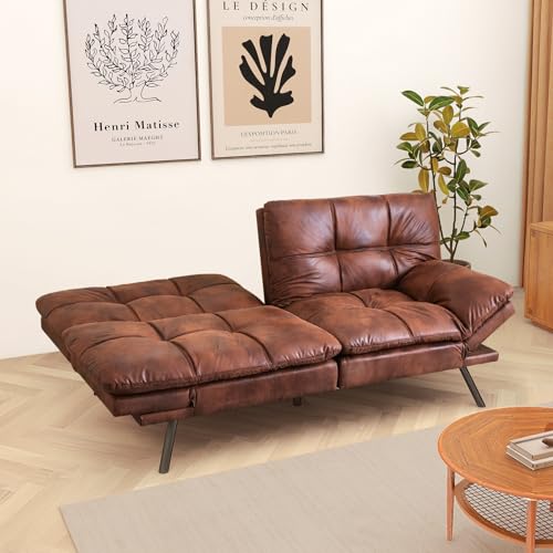 Futon Sofa Bed, Faux Leather Futons, Memory Foam Futon Couch, Convertible Sleeper Sofa, Modern Loveseat Couch Bed for Living Room, Apartment, Office