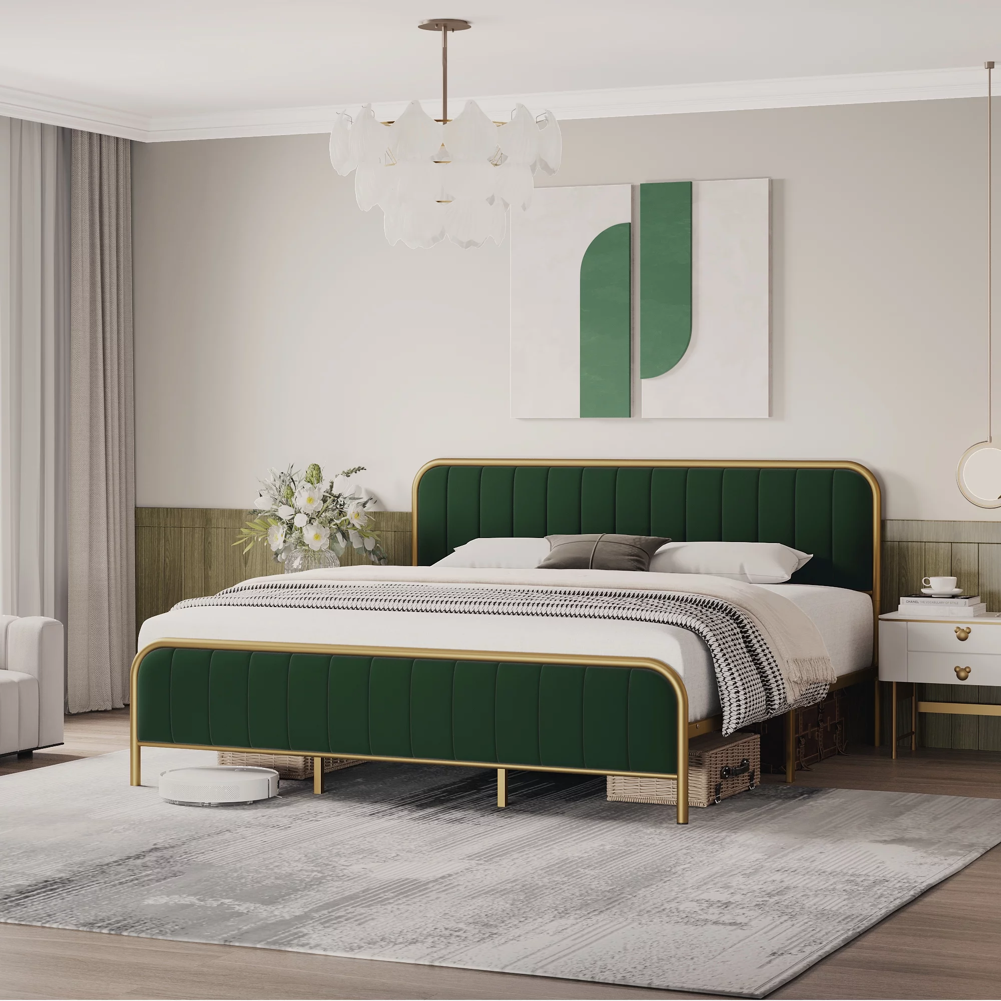 WhizMax Full Size Platform Bed Frame with Upholstered Headboard - Button Tufted Design for Elegant Style in Green
