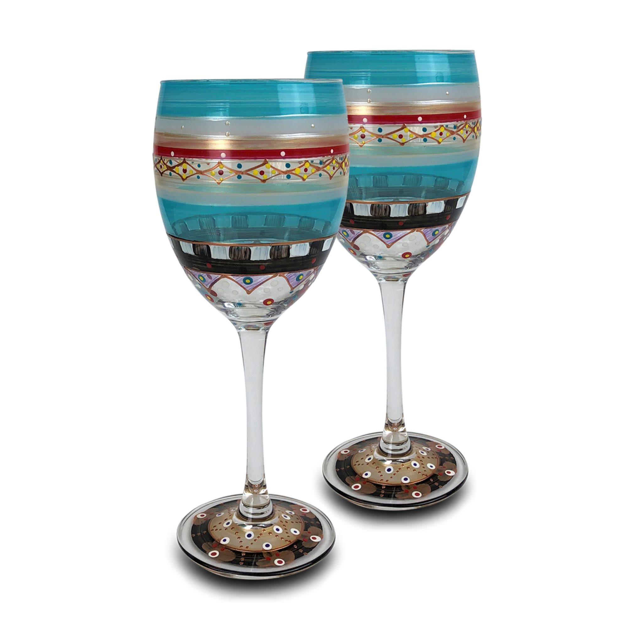 Set of 2 Mosaic Carnival Confetti Hand Painted Wine Drinking Glasses - 10.5 oz.