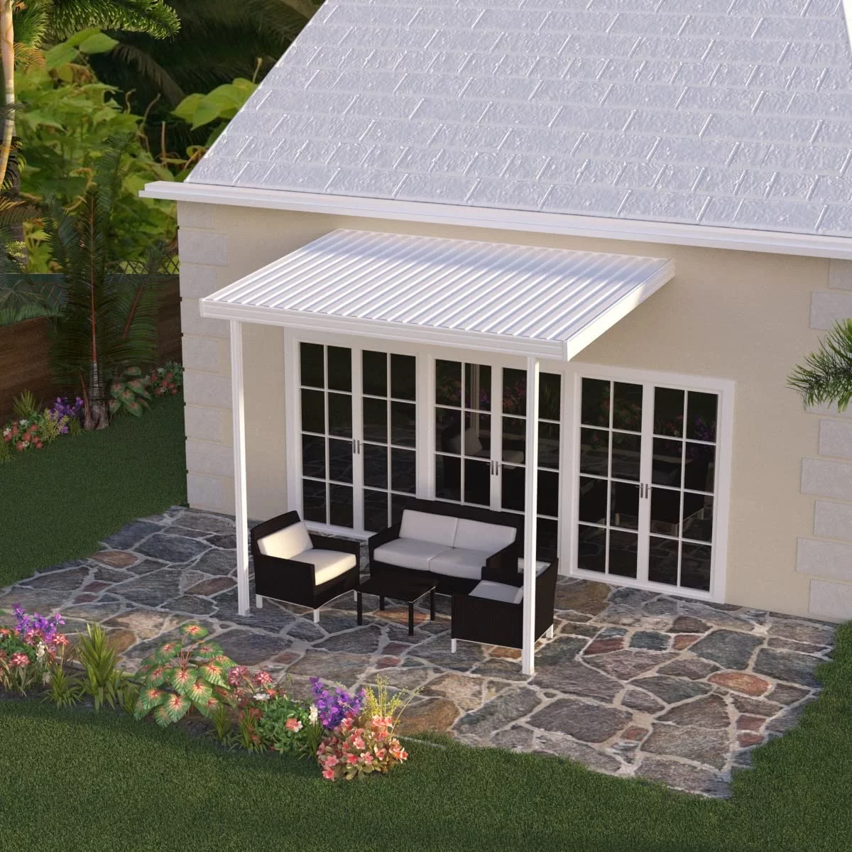 Four Seasons OLS TWV Series 12 ft wide x 8 ft deep Aluminum Patio Cover with 20lb Snowload & 2 Posts in White - Curated Treasures Market