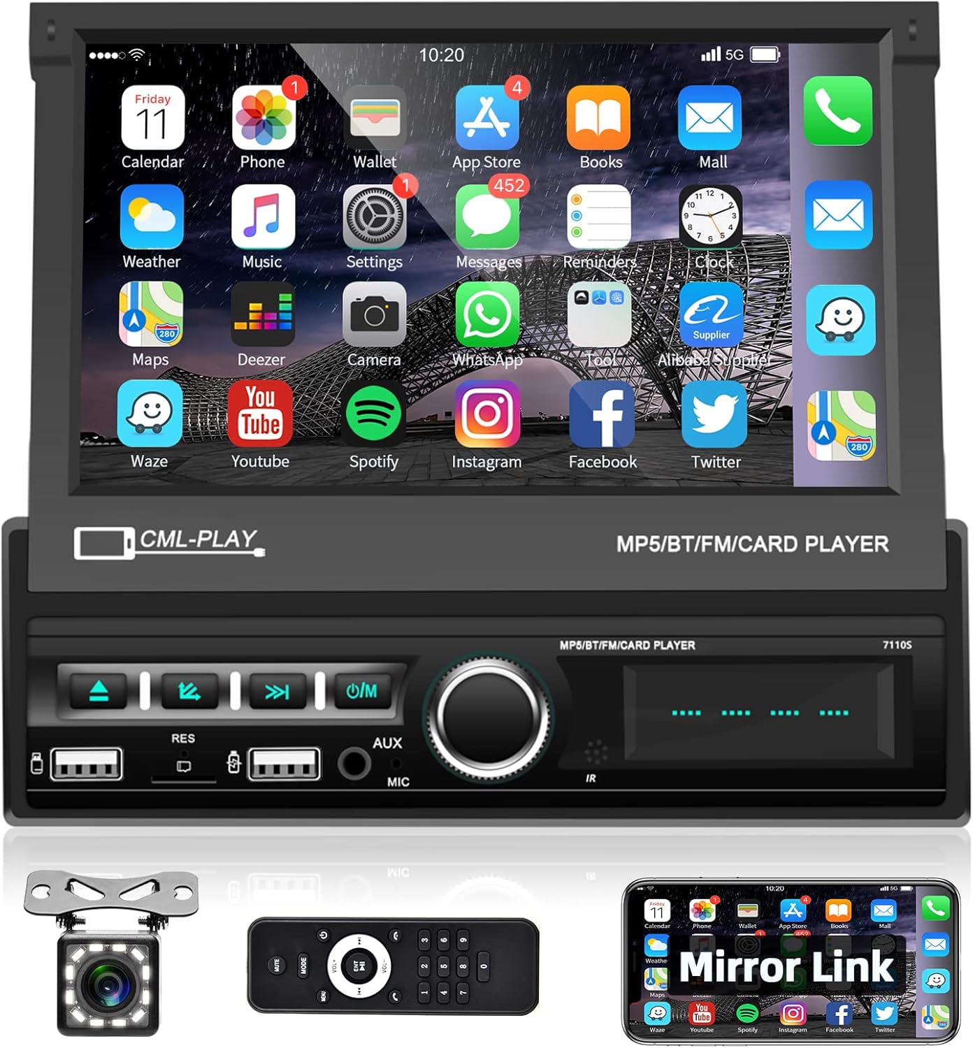 Podofo Single Din Car Stereo Bluetooth 7 Inch Motorized Flip Out Touchscreen Car Radio in Dash Head Unit Support FM AUX USB SD Mirror Link with