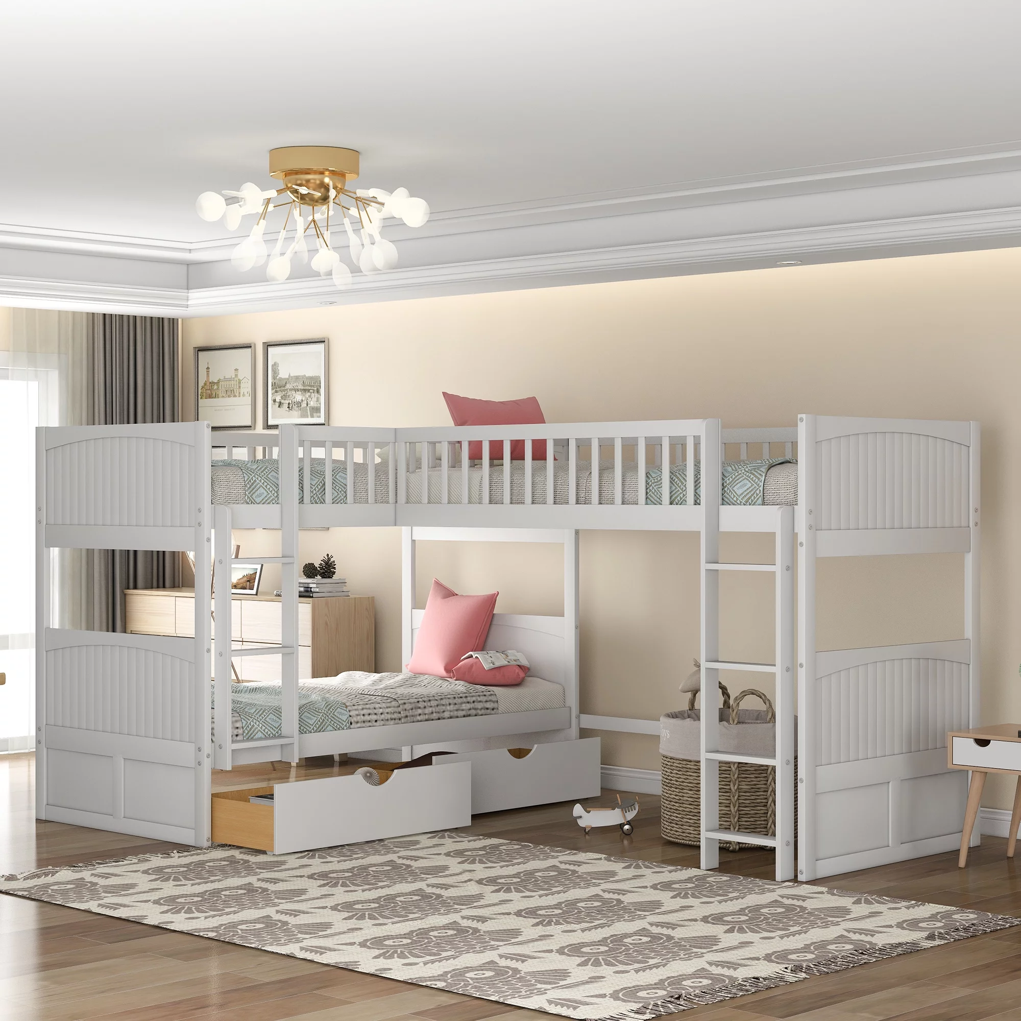Euroco Twin Size L-Shaped Wood Triple Bunk Bed with Drawers for Kid's Bedroom, White