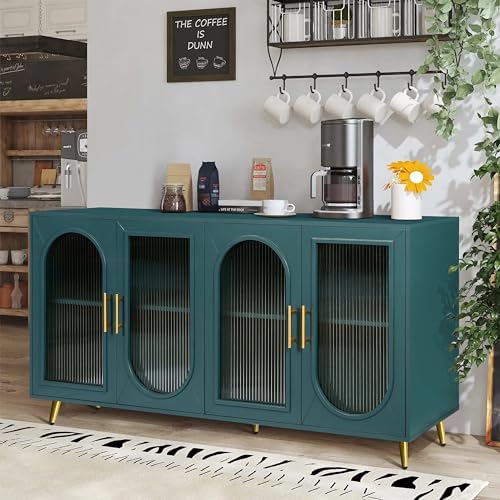 60'' Modern 4-doors Wood Storage Sideboard Buffet Cabinet Console Gold Metal Legs Handle Adjustable Shelves Entryway Accent Credenza Table for