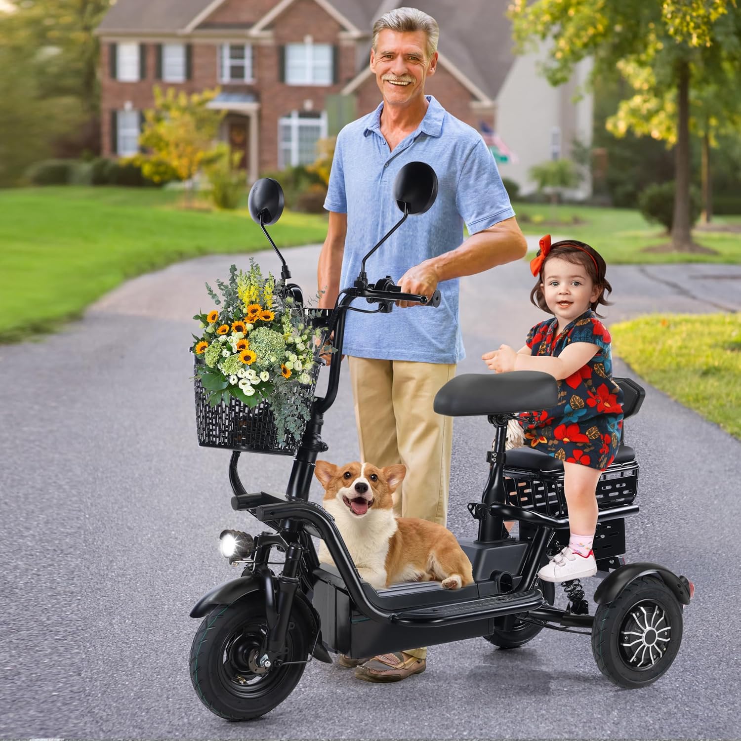 Electric Bike for Adults Seniors Foldable Tricycle w/3 Seats, 3-Wheel Adult Electric Bicycles Trike Ebike Cruiser with Baskets for Shopping Cycling
