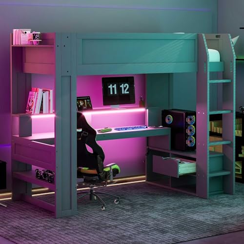 Wood Twin Size Gaming Loft Bed with Desk, Multi-Storage Shelves
