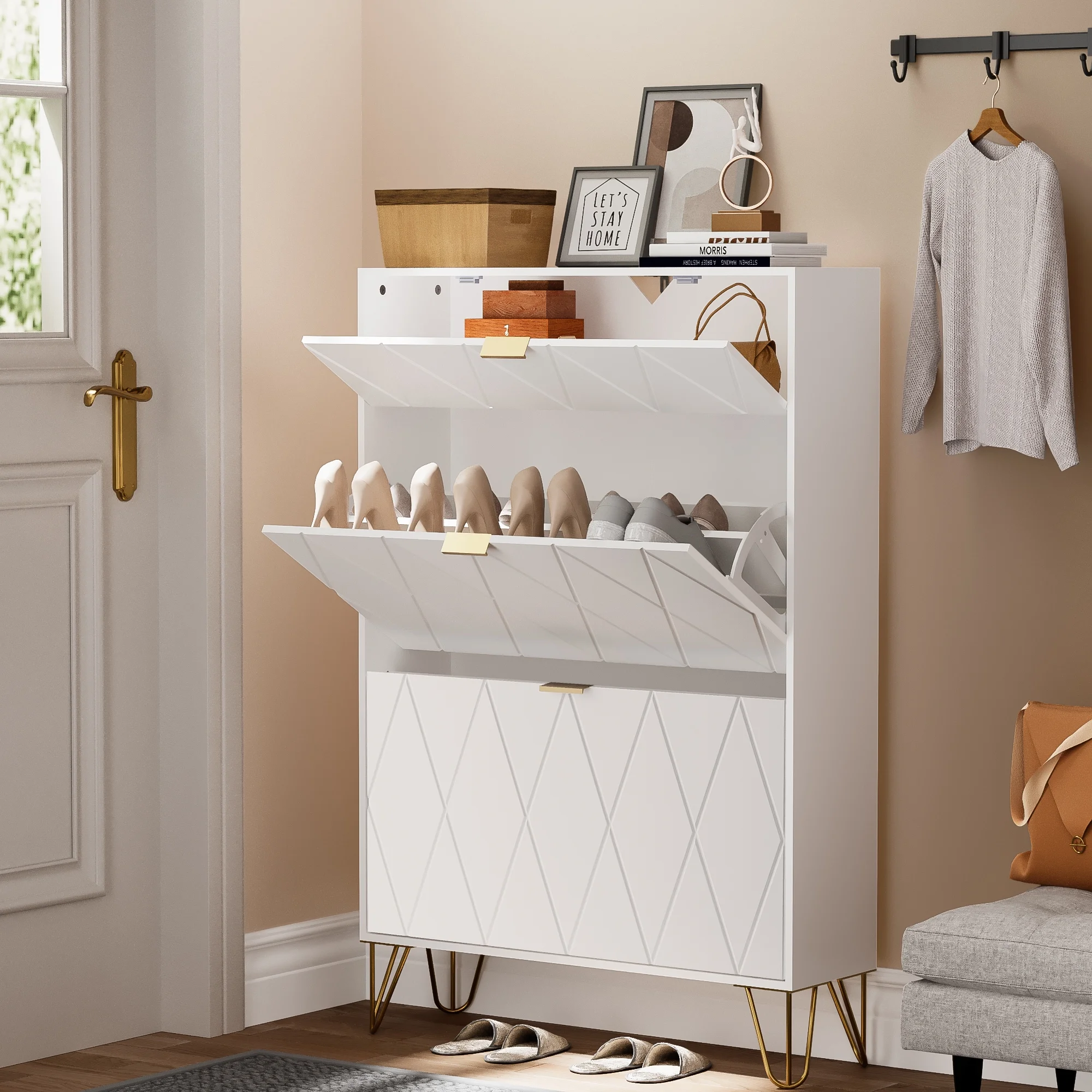 Eclife Entryway Furniture Shoe Cabinet Flip Down Drawers, Slim Tall Shoe Rack Storage Organizer, White, 32"W x 9"D x 47"H