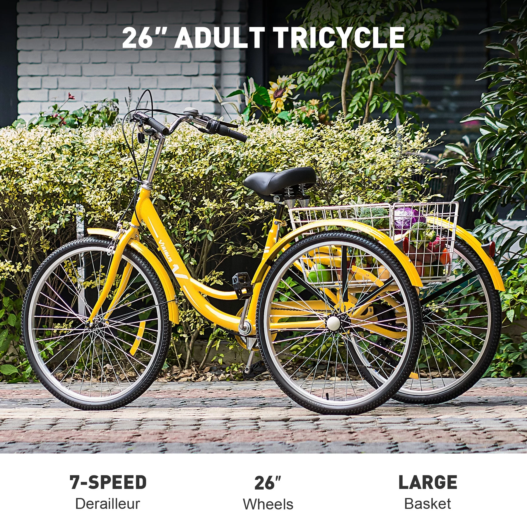 VIRIBUS 26 Inch Adult Tricycle 7 Speed 3 Wheel Cruiser Bike Trike w Rear Basket, Yellow - Curated Treasures Market