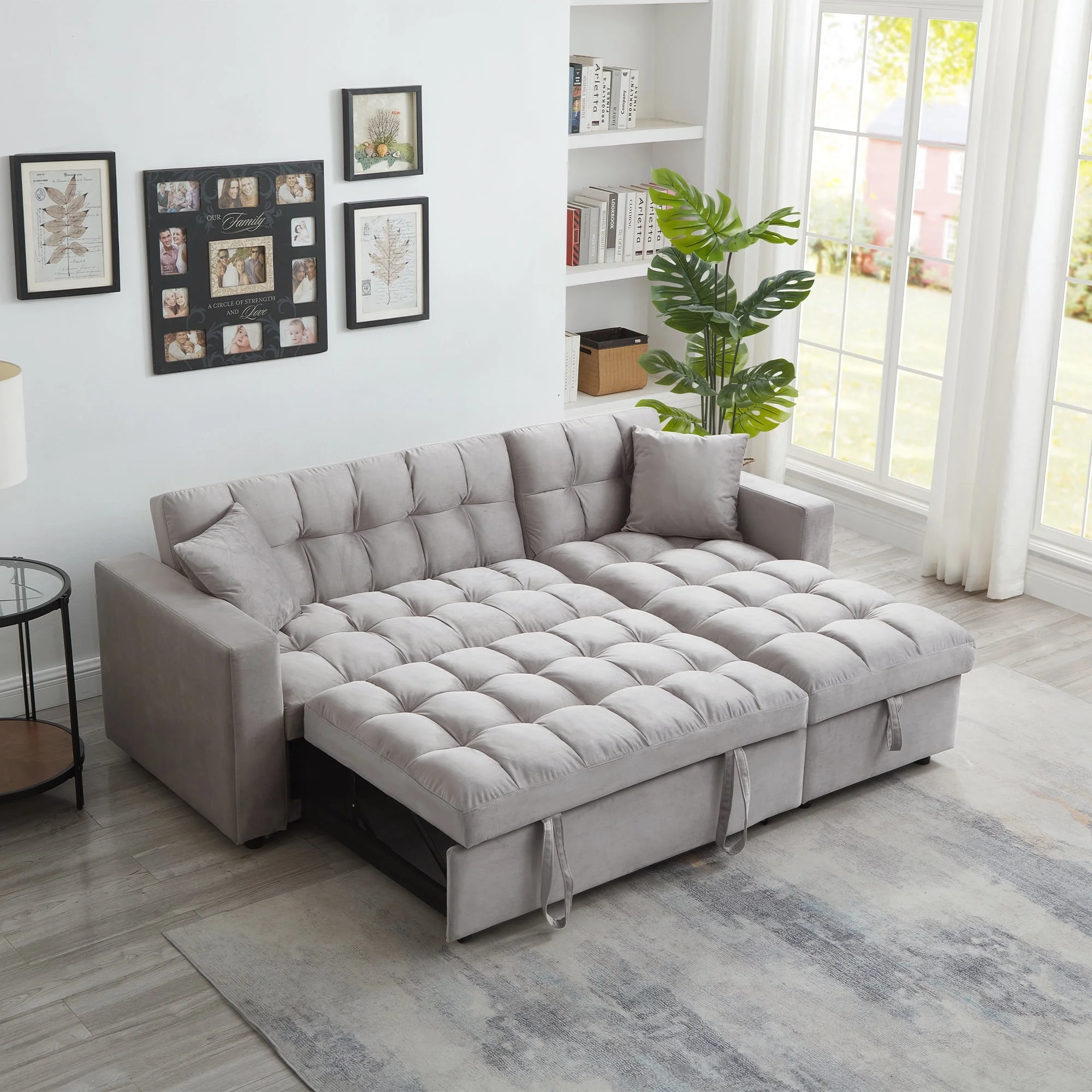 Muumblus 84 Convertible Sleeper Sofa Bed with Storage Chaise, L-Shaped Sectional Sofa, Queen Size Pull Out Sofa Bed in Gray Velvet
