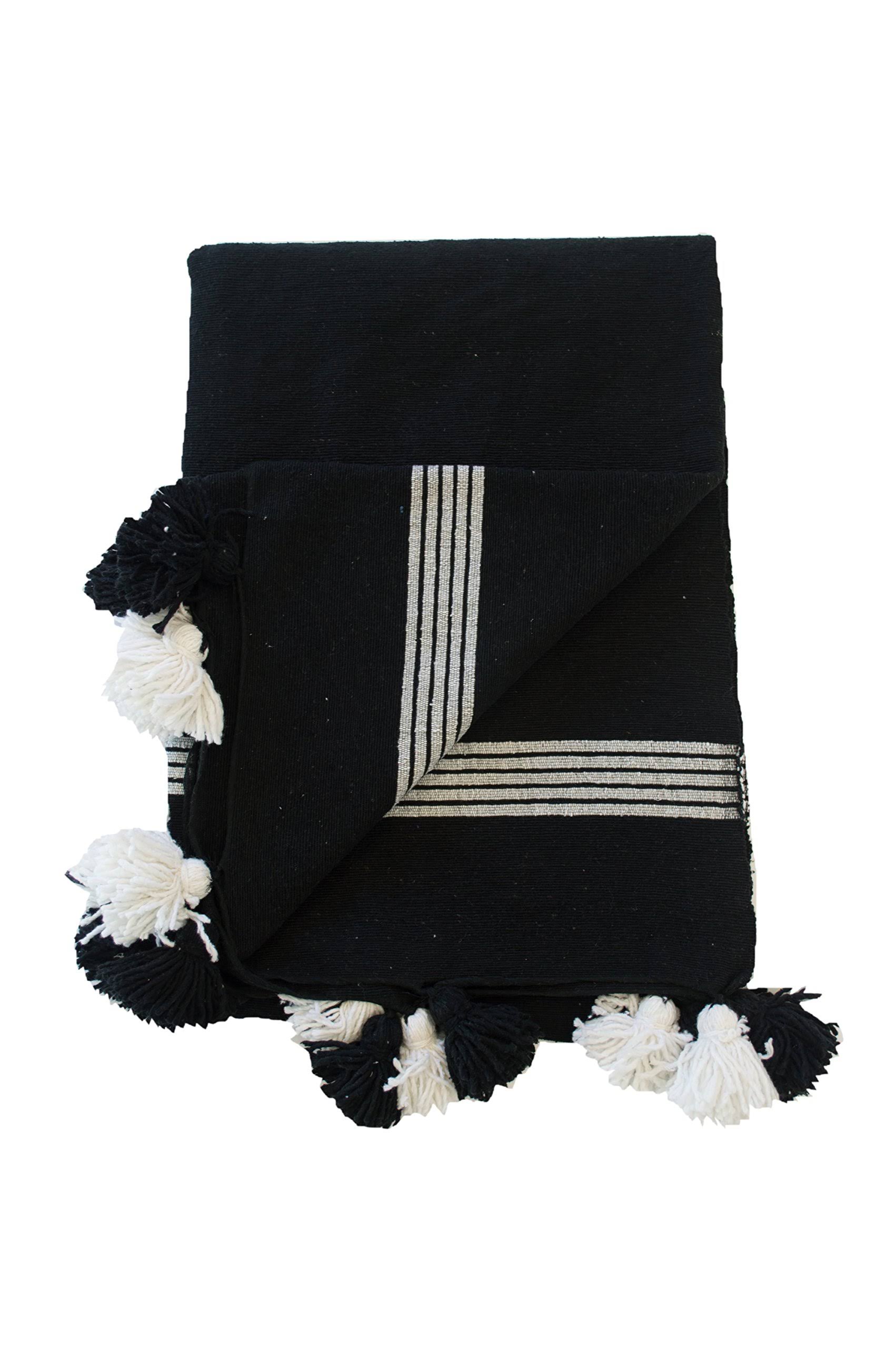 Casablanca Market Bl007 Moroccan Pom Blanket, White Stripes on Black