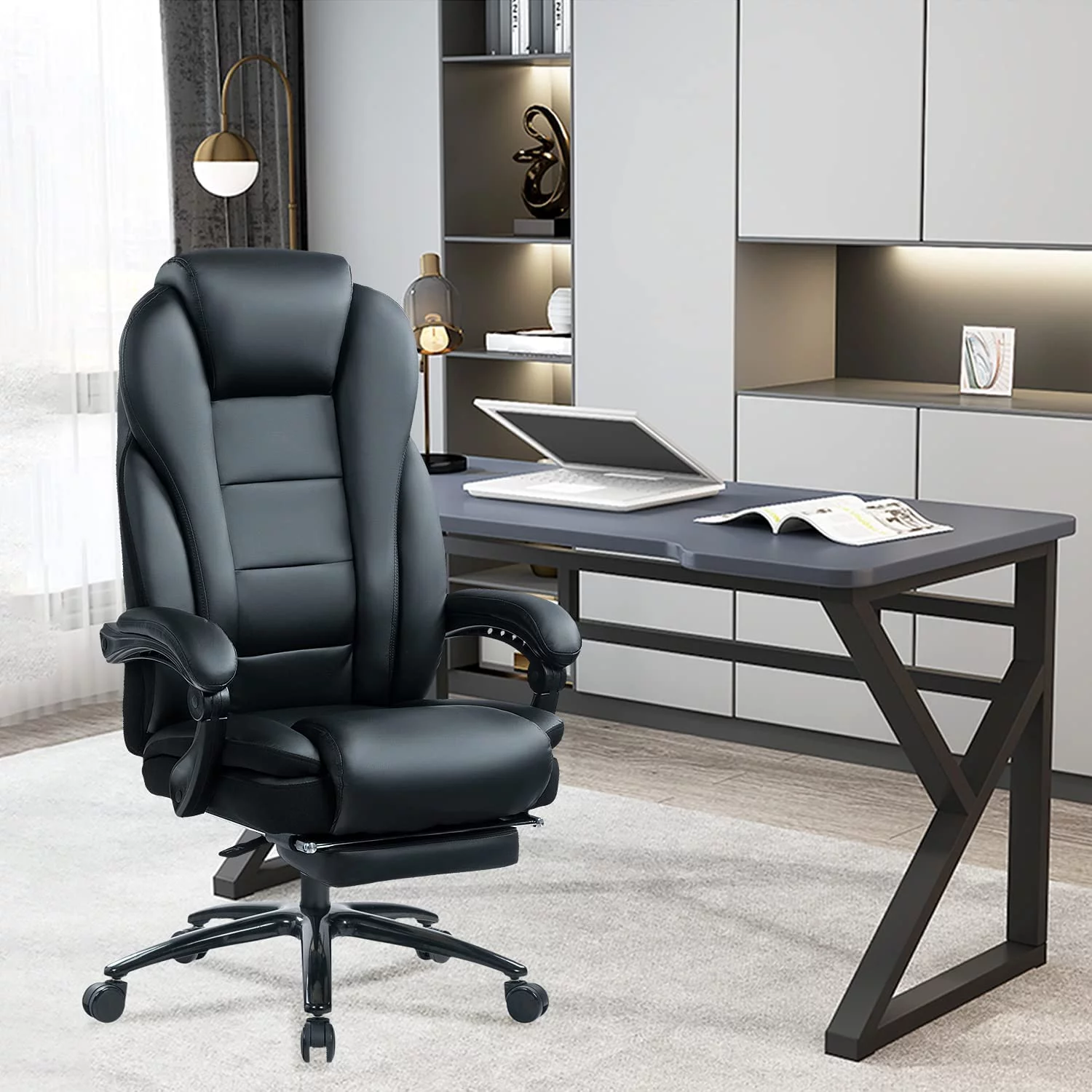 Big and Tall Office Chair 400lb for Heavy People with Double Padded Memory Foam Seat Cushion Leather Executive Office Chair with Lumbar Support and