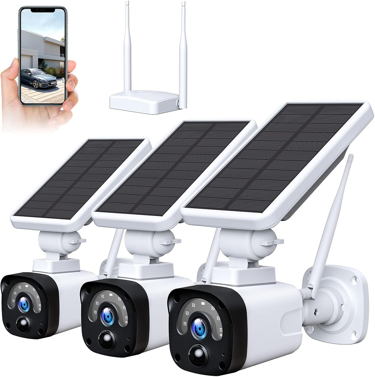 Solar Security Camera System Wireless WiFi, 1080P Solar Wireless Security Camera System(Includes Base Station & 3 Solar Camera), 2-Way Audio
