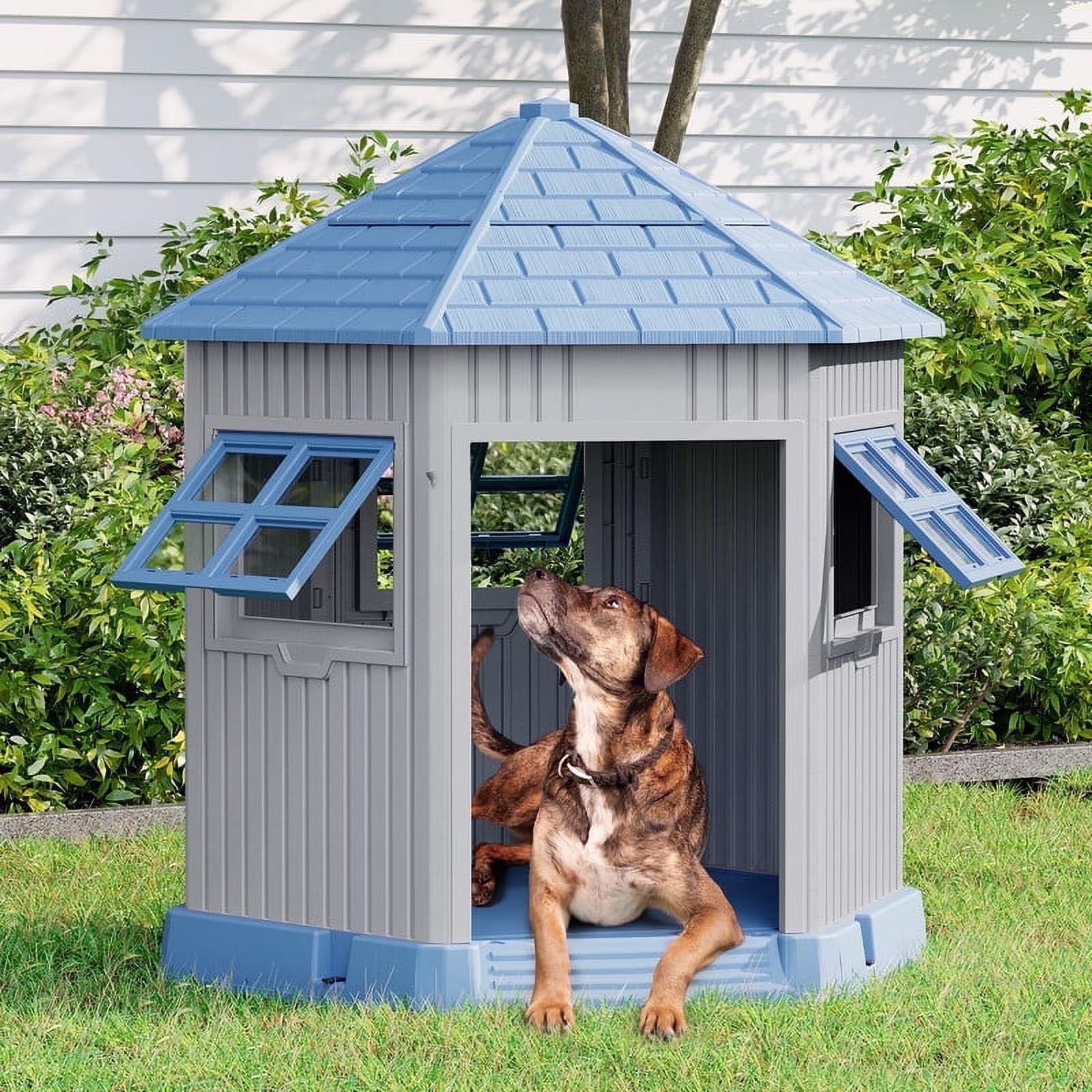 Bifanuo Durable Dog House, Indoor Outdoor Wateproof Doghouse, Pet Plastic Dog Kennel for Small Medium Dogs,Blue, 36.6"L*29.5"W*37.4"H
