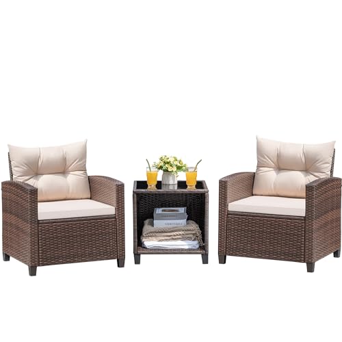 Devoko 3 Pieces Patio Furniture Set, PE Rattan Wicker Patio Set with Two Outdoor Chairs and Table, Upgraded Patio Chairs and Table for Porch