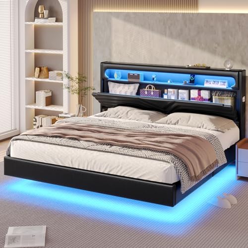 Queen Floating Bed Frame with RGB LED Lights Headboard, USB-C/A Power Combo, Linen Upholstered Platform Bed with Storage Headboard