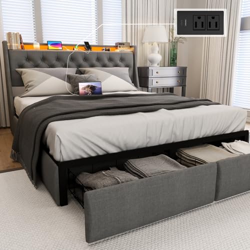 Full Size Bed Frame with 4 Storage Drawers and LED Lights, Upholstered Wingback Linen Tufted Headboard with Charging Station, Steel Slat Support