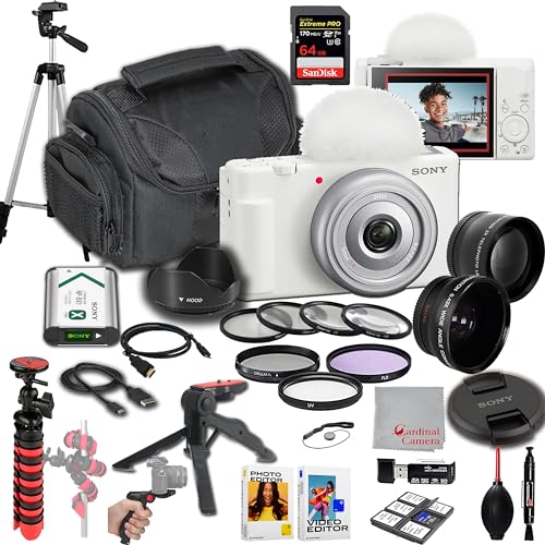 Sony ZV-1F Vlogging Camera (White)|20.1MP | 64GB Extreem Speed Memory,.43 Wide Angle & 2X Lenses, Case. Tripod, Filters, Hood, Grip