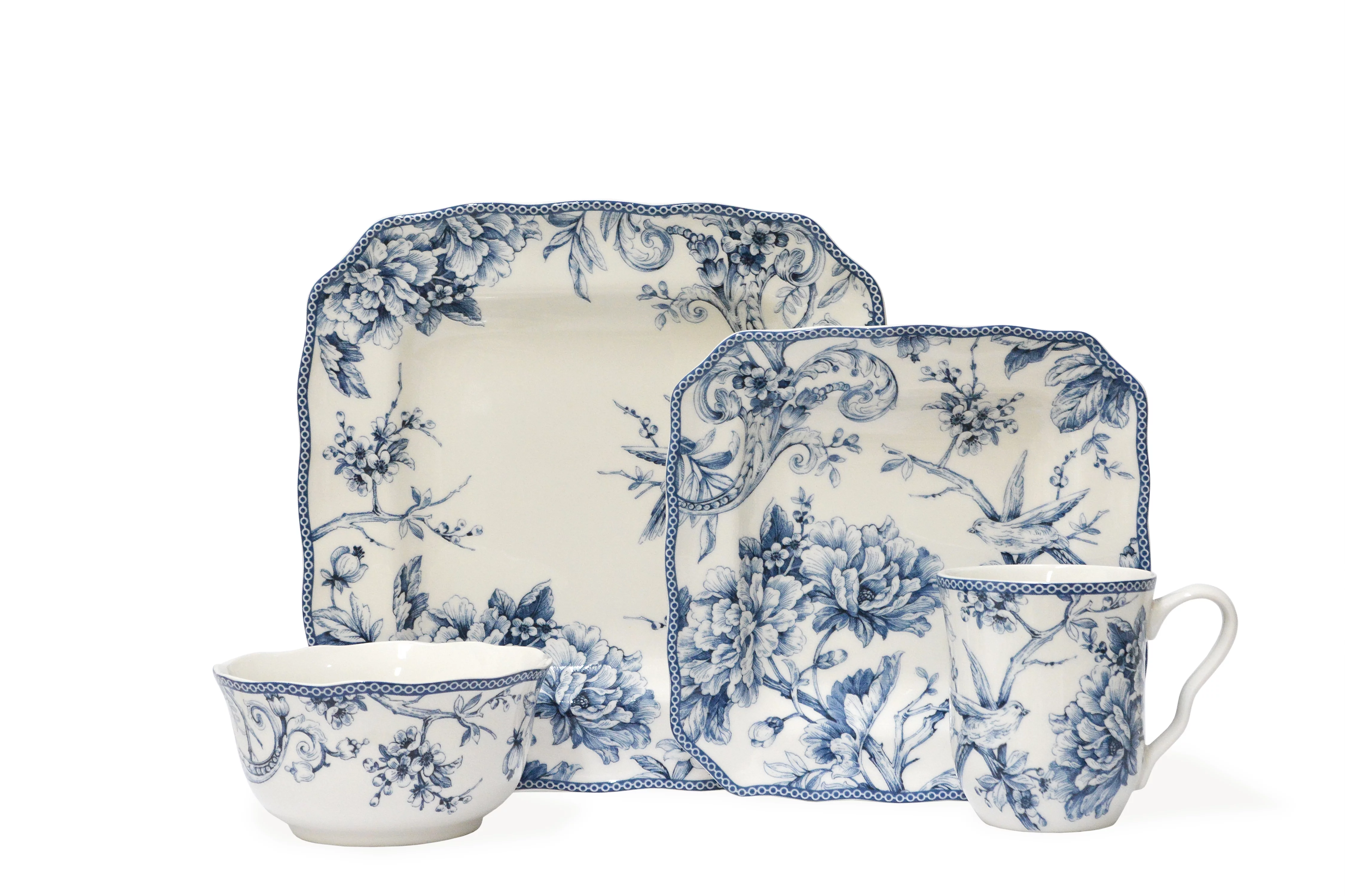 222 Fifth Adelaide Square Porcelain Dinnerware Set, 16-piece, Blue Toile