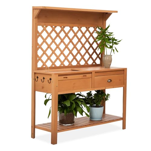 Outsunny Garden Potting Bench, Outdoor Wooden Workstation Table w/Metal Screen, Drawer, Hooks, Storage Shelf, and Lattice Back for Patio