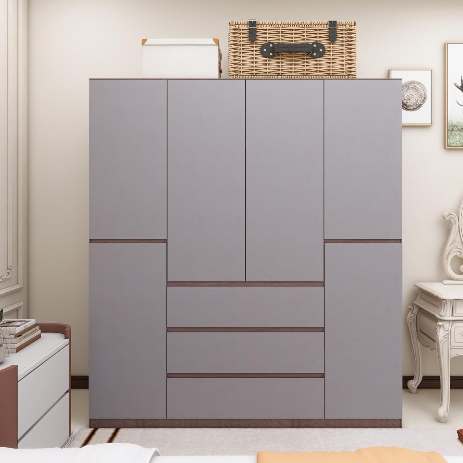 Wooden Armoire Wardrobe Closet, 4-Door 3 Drawers Gray Closet Cabinet for Large Capacity