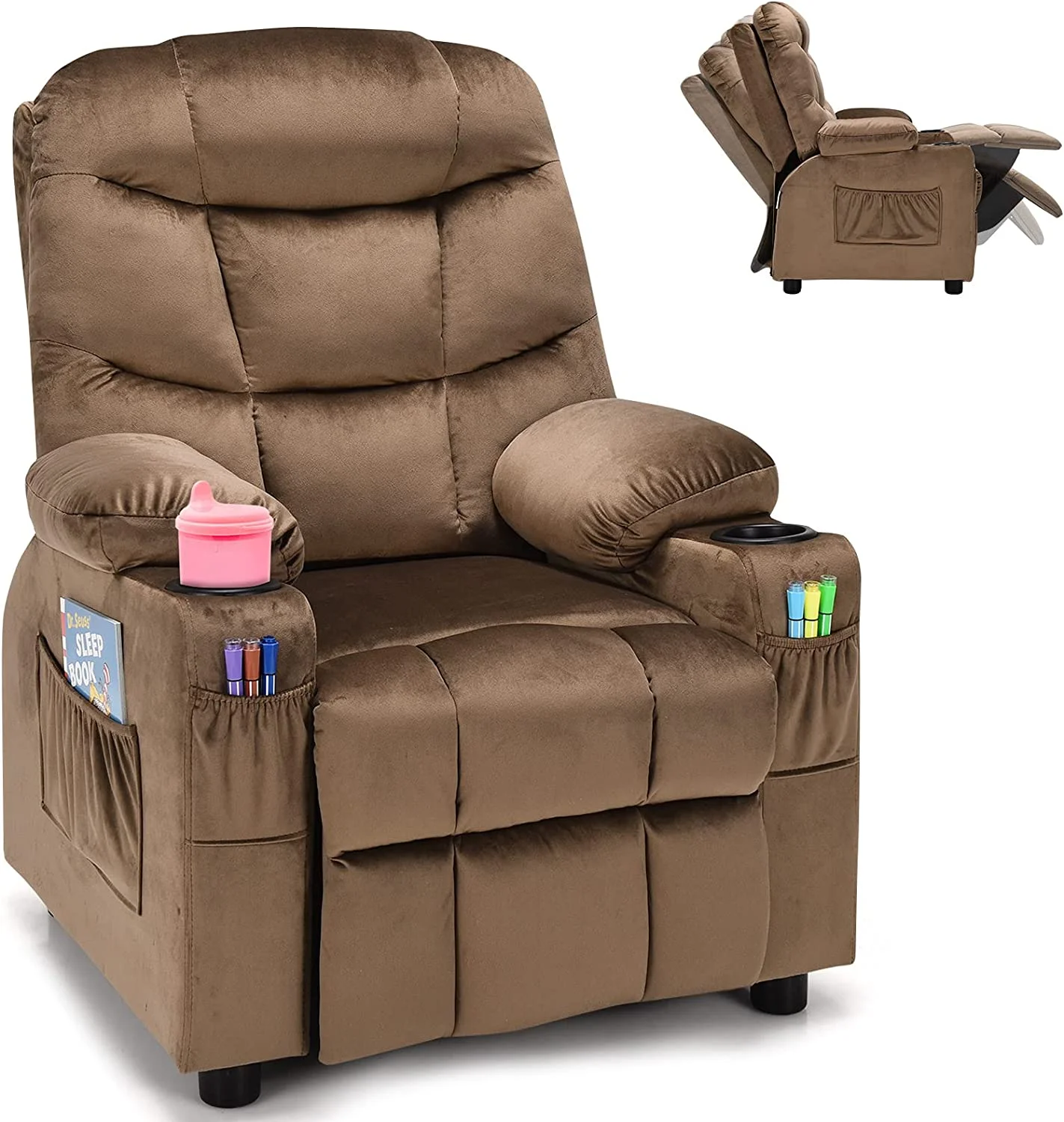 Kids Recliner Chair with Cup Holder  Adjustable Velvet Lounge Chair w/Footrest