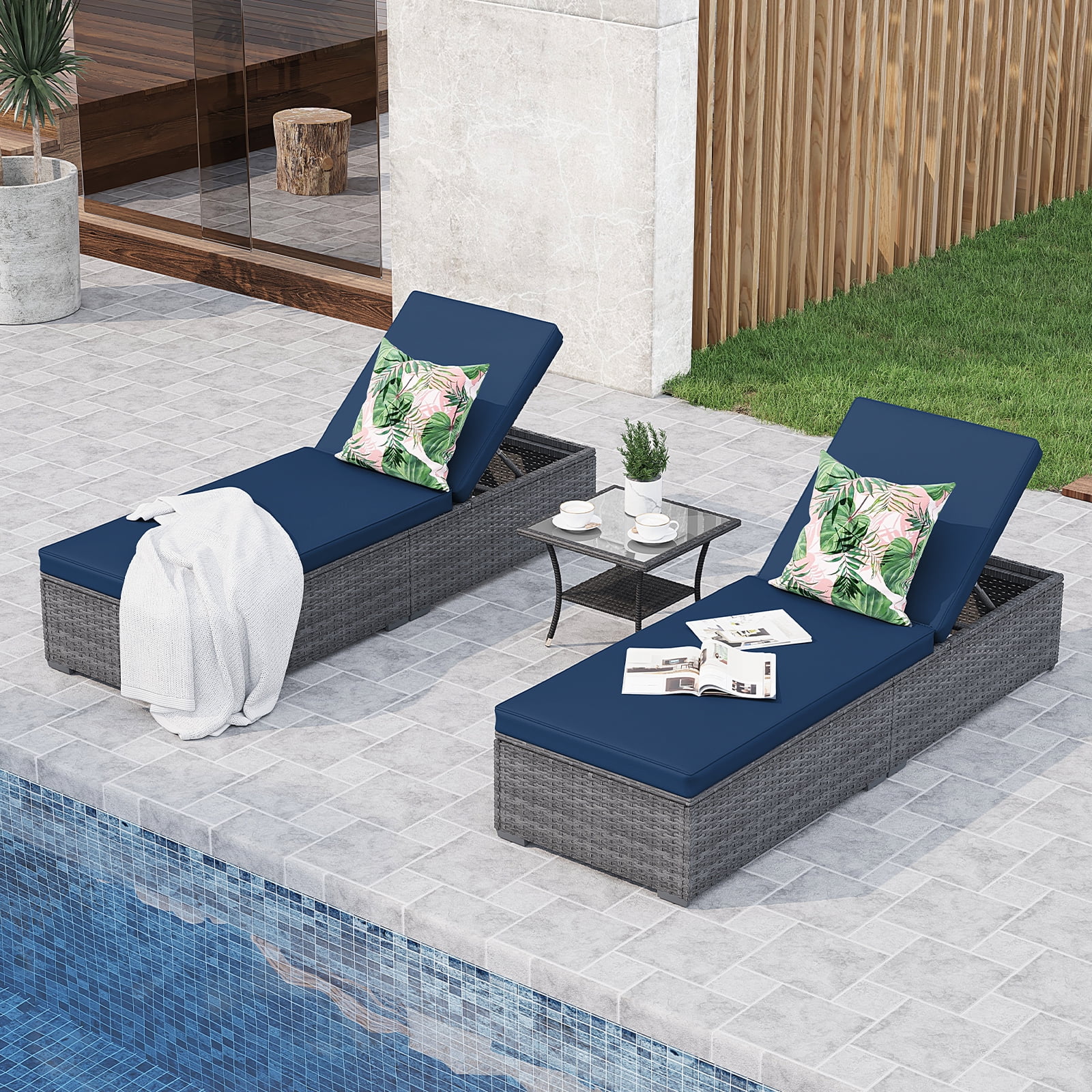 JOIVI Outdoor Chaise Lounge Chair, 3 Piece Patio Reclining Sun Lounger with Coffee Table, All Weather PE Rattan Adjustable Lounge Chair