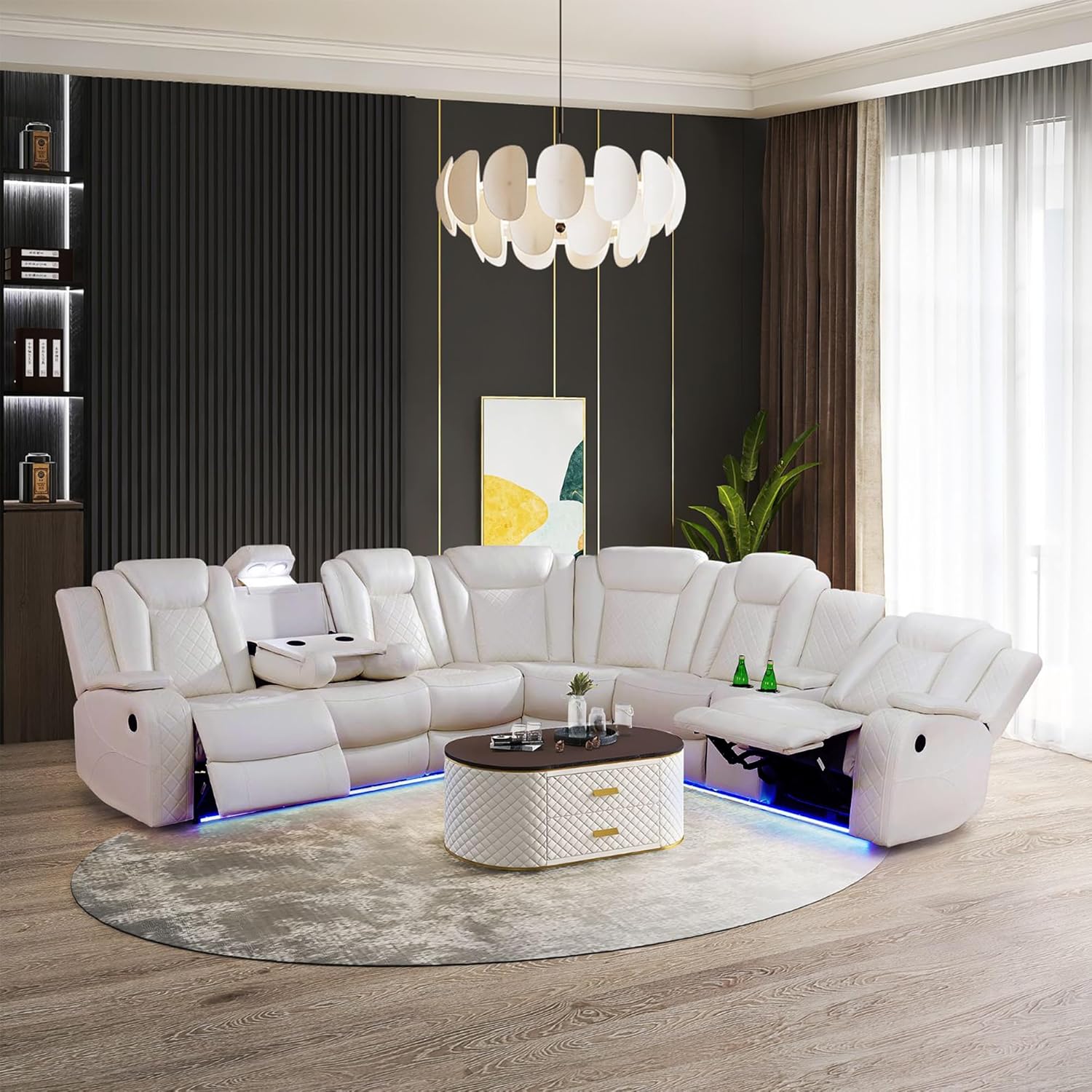 UBGO, Breathing Leather Reclining Corner Sectionals Sofa Couch Sets with LED Light/USB Port/Cup Holder/Storage for Living Room (6 Seat, Black)
